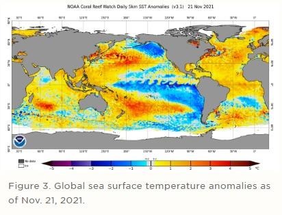 Figure 3. Global sea surface temperature anomalies as of Nov. 21, 2021.